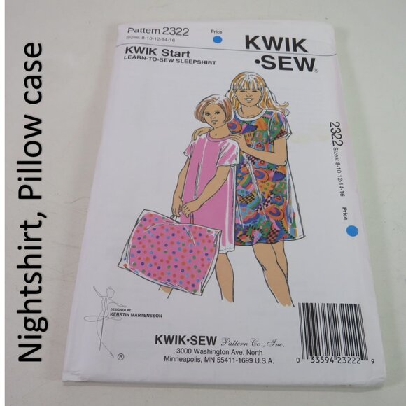 Kwik Sew 2322 sewing pattern sleepshirt, pillowcase EASY UNCUT night - Picture 1 of 5